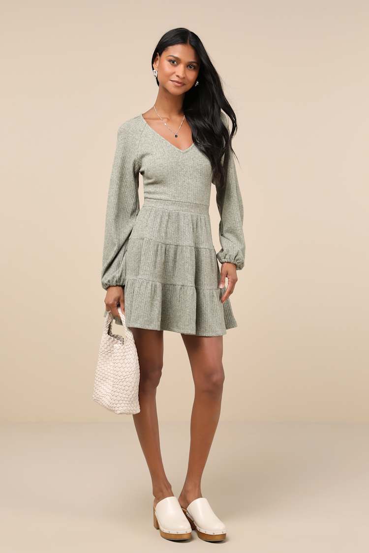 Adorable Option Heather Green Long Sleeve Mini Sweater Dress