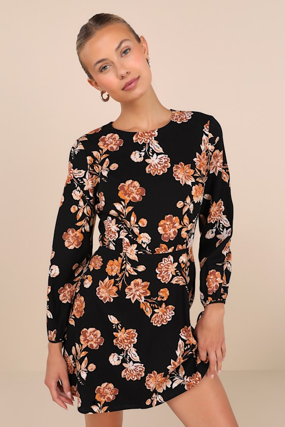 Lulus Darling Simplicity Black Floral Linen Cutout Mini Dress