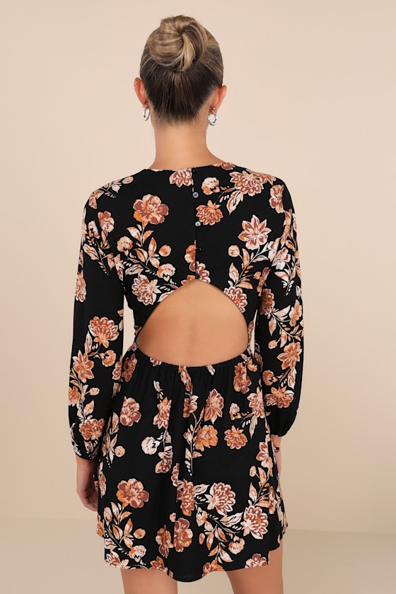 Lulus Darling Simplicity Black Floral Linen Cutout Mini Dress In Black