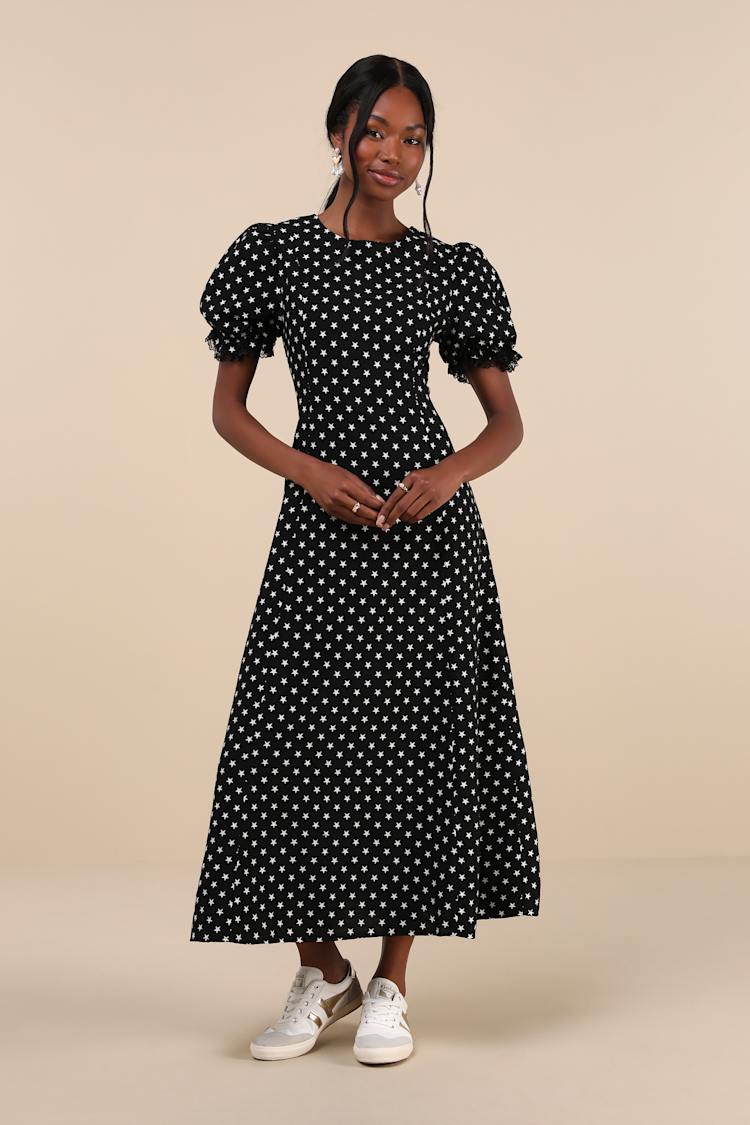 knee length dresses for ladies Black Puff Sleeve Midi Dress main image 1