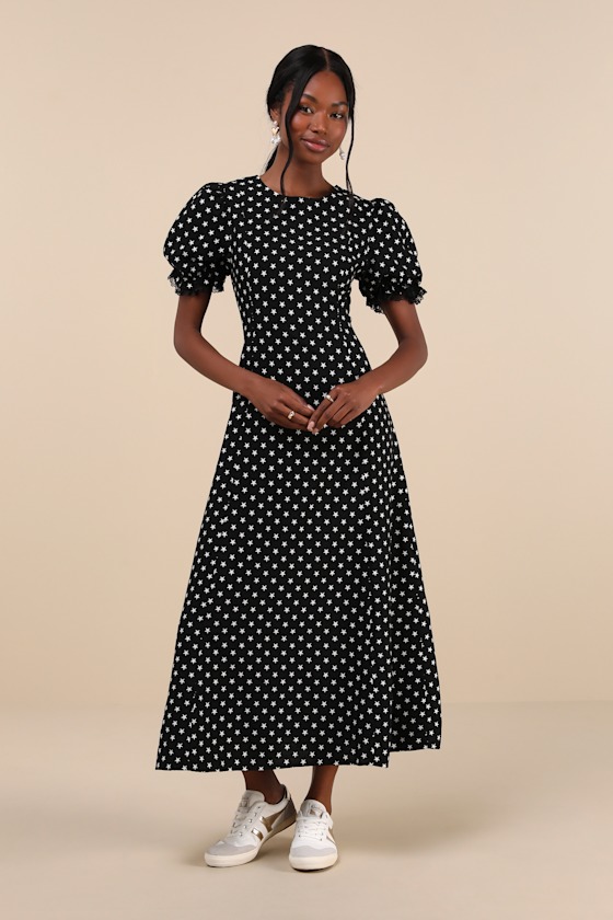 Sonora Star Black Jacquard Puff Sleeve Midi Dress 5