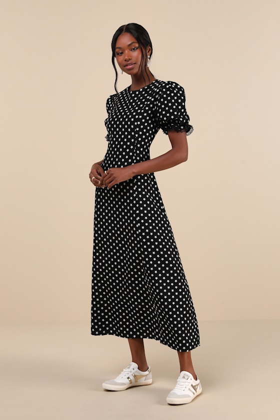 Sonora Star Black Jacquard Puff Sleeve Midi Dress 3