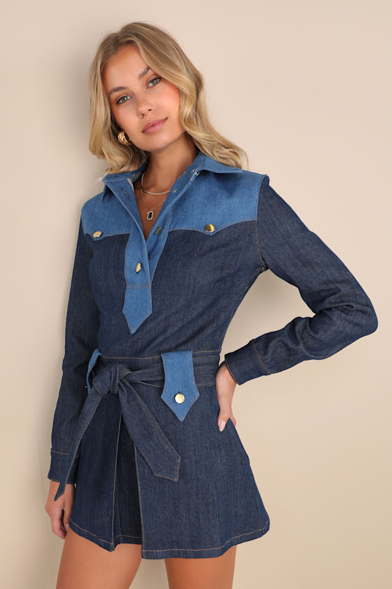 Midnight Cowgirl Blue Denim Belted Long Sleeve Mini Dress 1