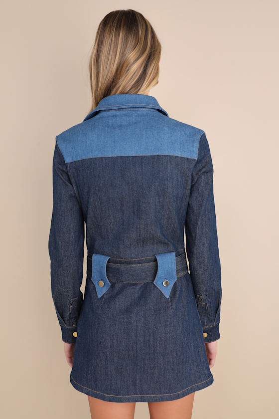 Midnight Cowgirl Blue Denim Belted Long Sleeve Mini Dress 2