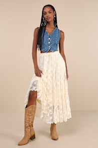 Exceptionally Graceful Cream Lace High-Rise Tiered Midi Skirt 2