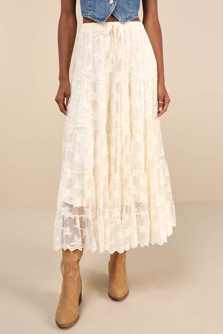 Exceptionally Graceful Cream Lace High-Rise Tiered Midi Skirt