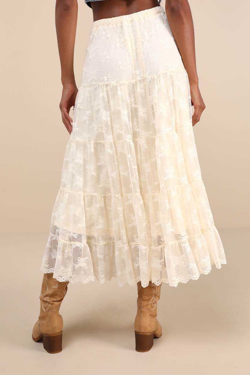 Exceptionally Graceful Cream Lace High-Rise Tiered Midi Skirt