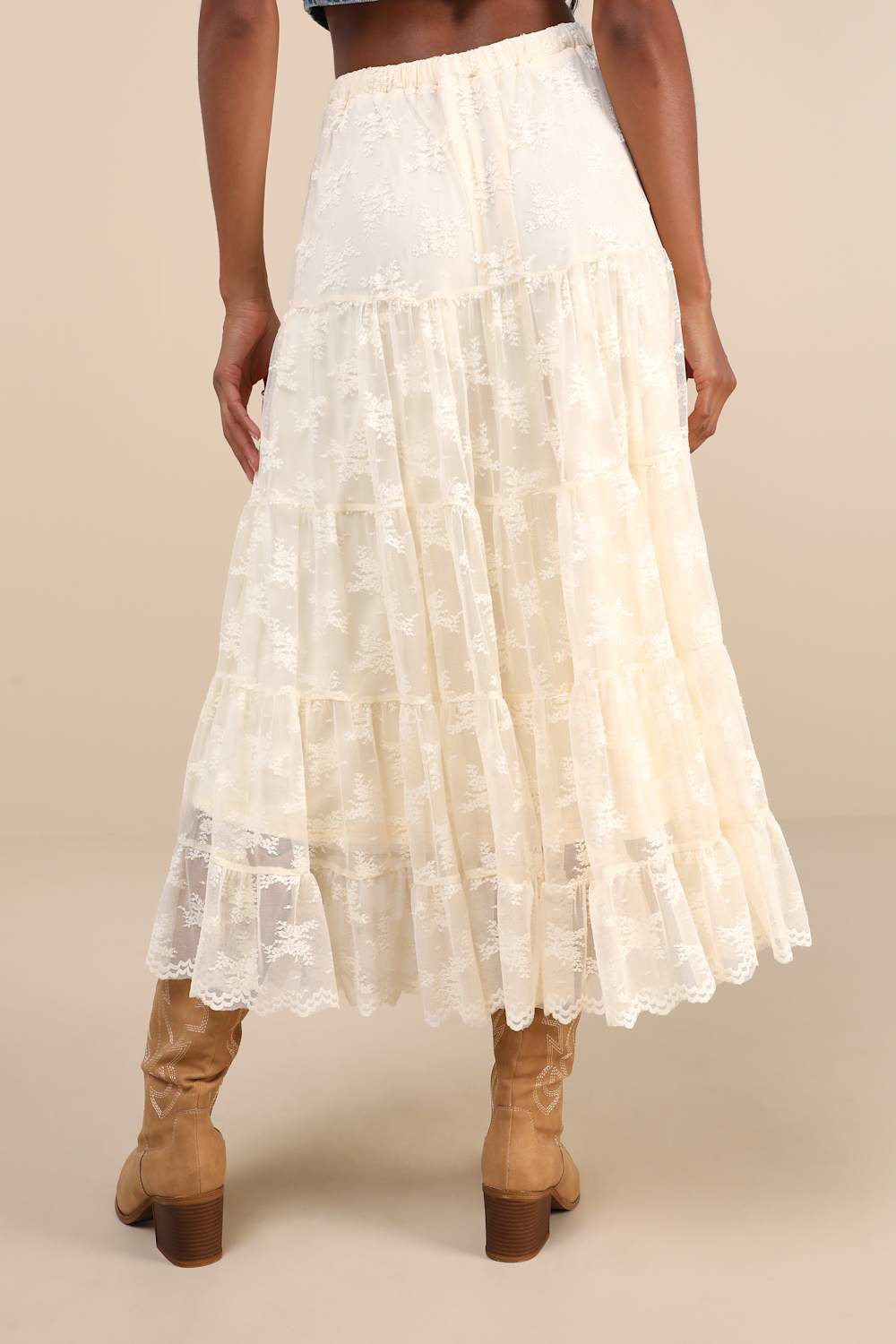 Exceptionally Graceful Cream Lace High-Rise Tiered Midi Skirt