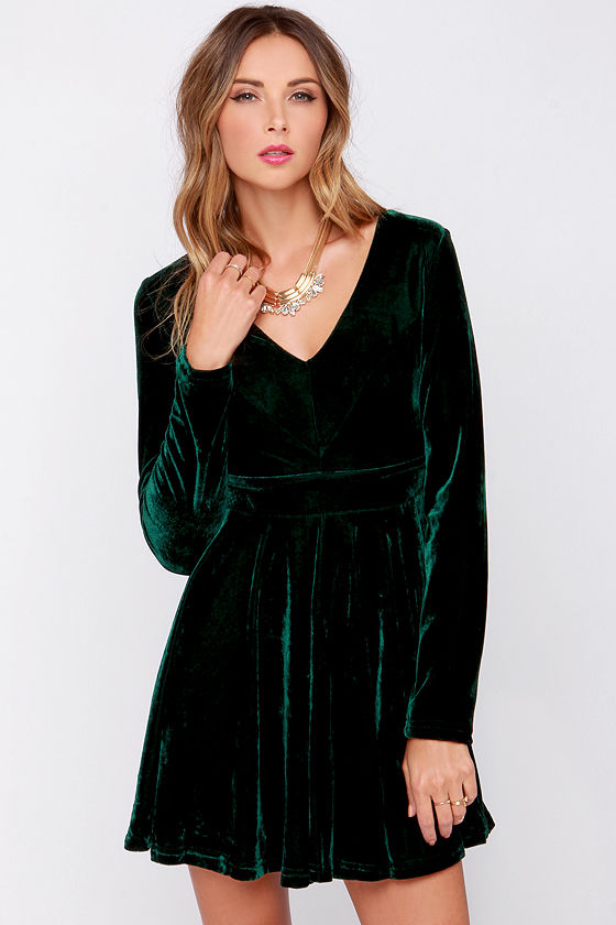 Cute Green Dress - Dark Green Dress - Velvet Dress - Skater Dress - $41 ...