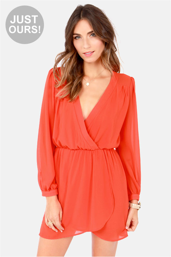 Stylish Coral Orange Dress - Wrap Dress ...