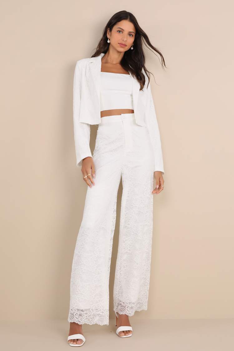 Elegant Pursuit Ivory Lace High-Rise Wide-Leg Trouser Pants