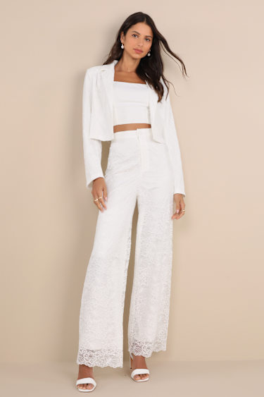 Elegant Lace Pants Outfit Ivory Lace Pants High-Rise Pants Wide