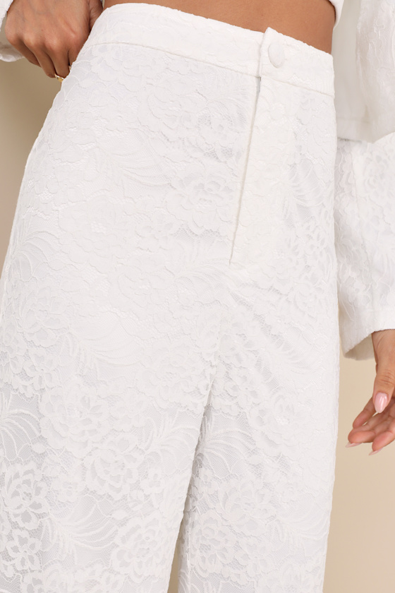 Lulus Elegant Pursuit Ivory Lace High Rise Wide-leg Trouser Pants In Ivory