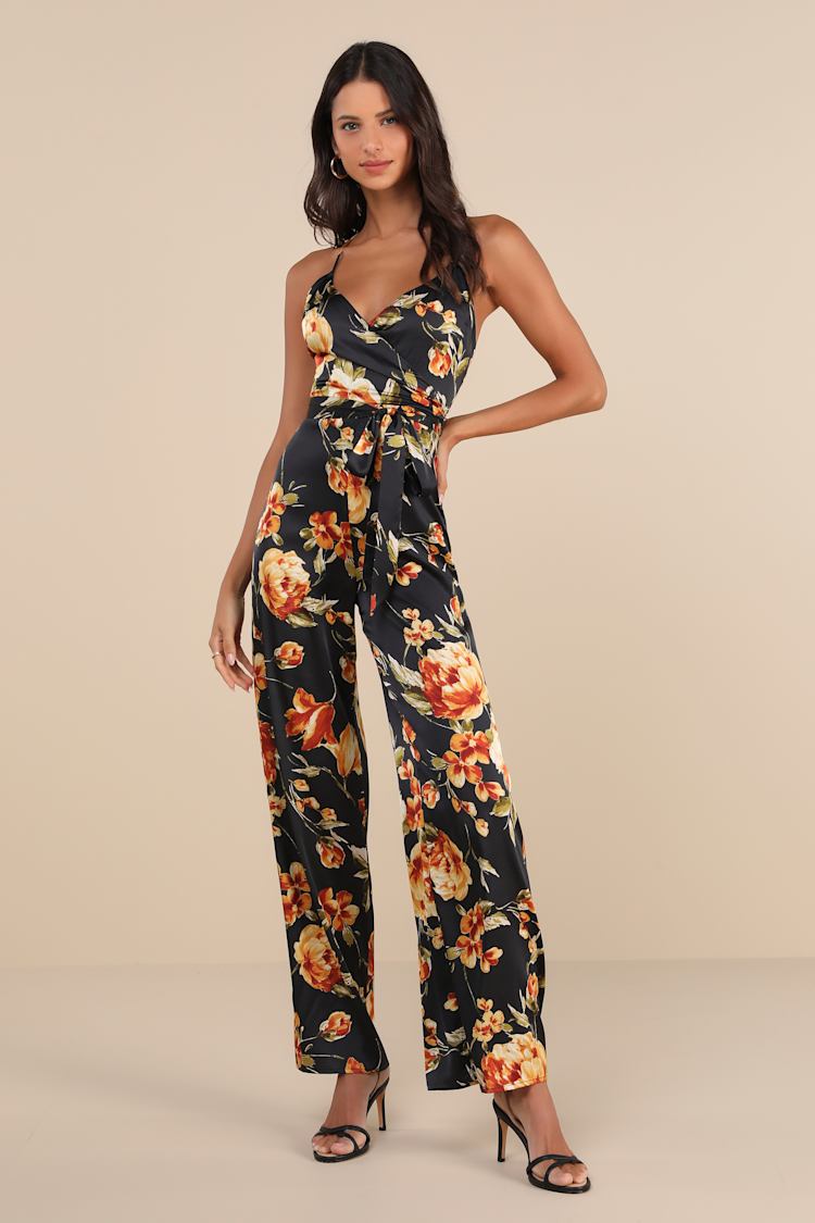 Black Floral Jumpsuit - Satin Floral Jumpsuit - Backless  display picture 1