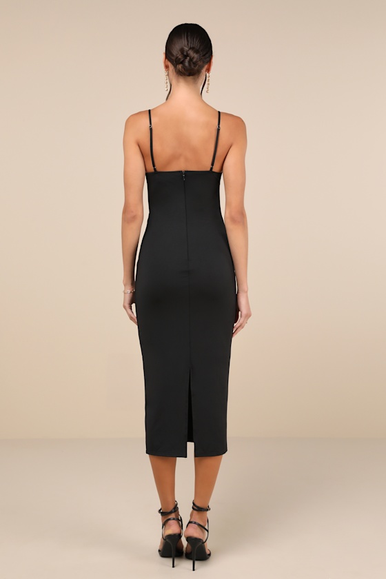 Lulus Sophisticated Soiree Black Bustier Midi Bodycon Dress In Black