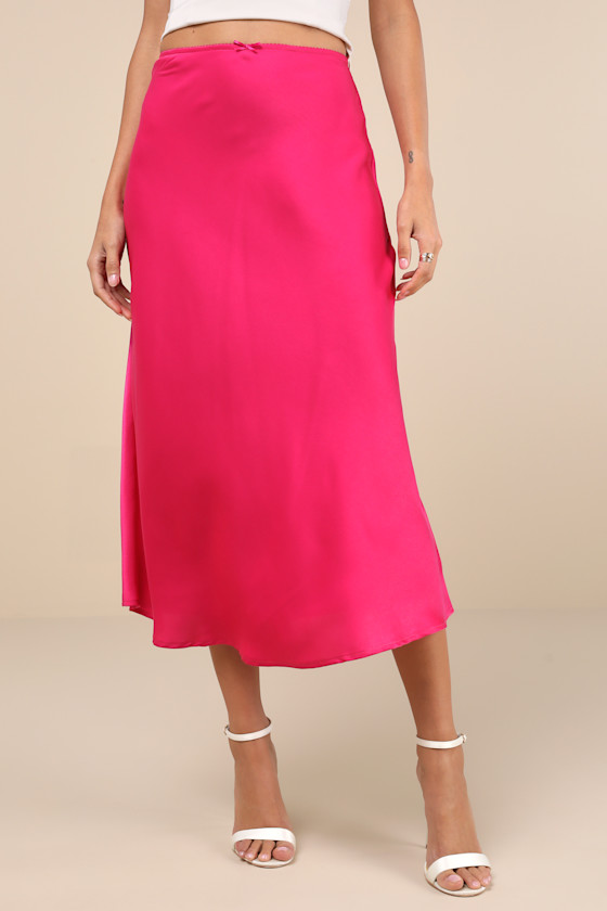 LULUS SLEEK PROPOSITION FUCHSIA SATIN BOW MIDI SKIRT