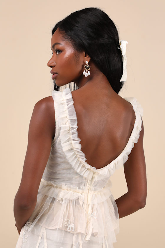 Jolene Cream Tulle Ruffled Embroidered Bow Peplum Tank Top 4