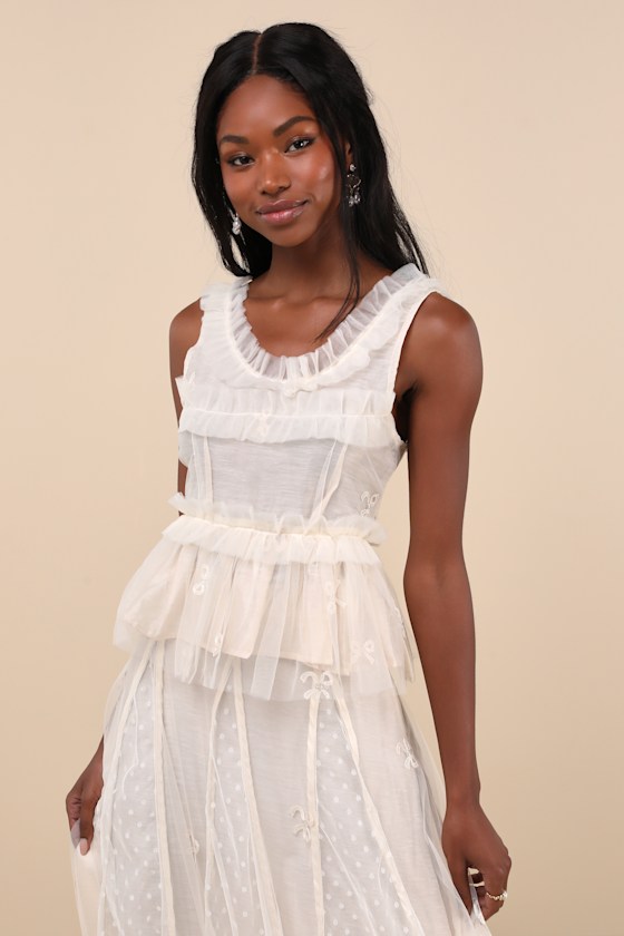 Jolene Cream Tulle Ruffled Embroidered Bow Peplum Tank Top 3