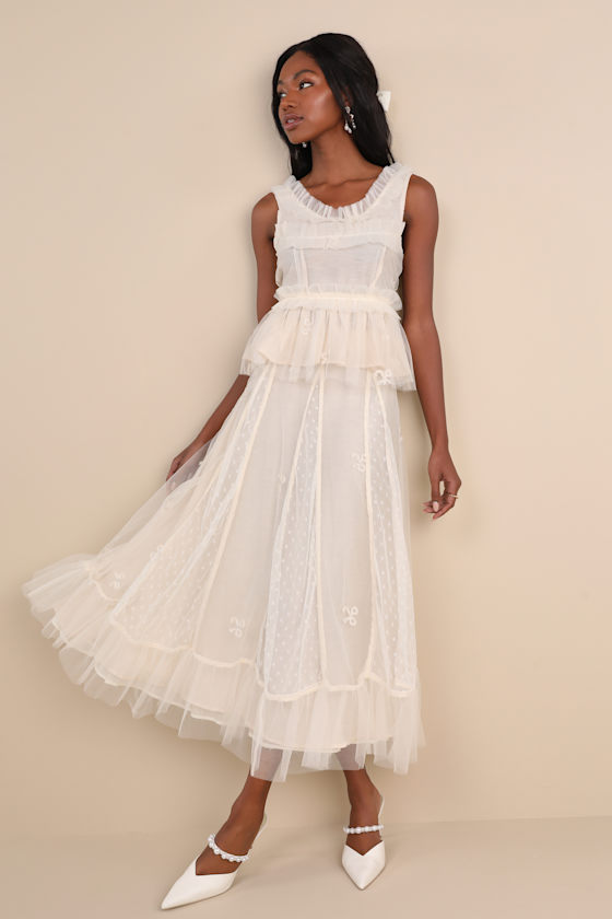 Jolene Ivory Tulle Embroidered Ruffled Swiss Dot Bow Midi Skirt 1