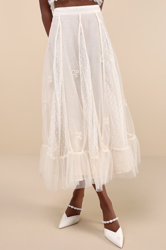 Jolene Ivory Tulle Embroidered Ruffled Swiss Dot Bow Midi Skirt 3