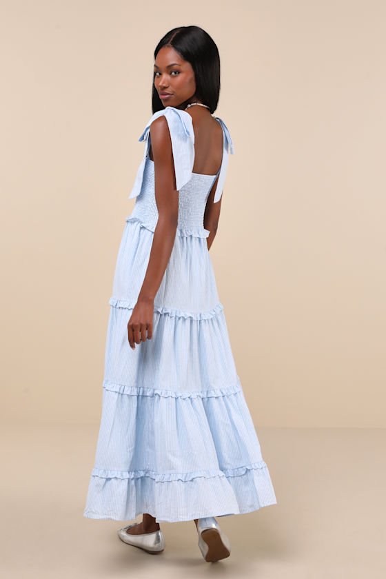 Kansas Blue Striped Tiered Smocked Tie-Strap Bow Midi Dress 2