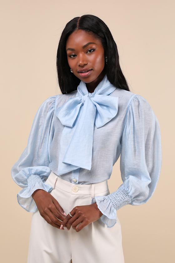 Sister Jane Wind River Light Blue Poet Sleeve Bow Collar Button-up Top In Light Blue