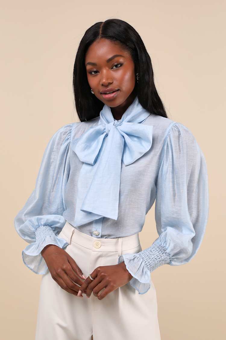 Sister Jane Wind River - Light Blue Poet Sleeve Top - Bow Top - Lulus