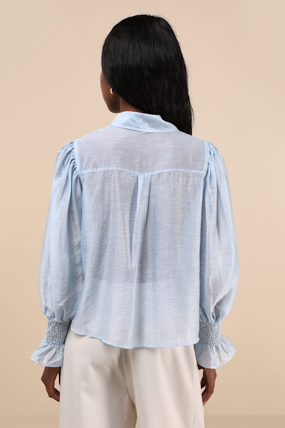 Sister Jane Wind River Light Blue Poet Sleeve Bow Collar Button-up Top In Light Blue