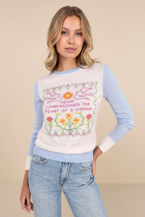 Feminist White and Blue Cross Stitch Embroidered Sweater 1