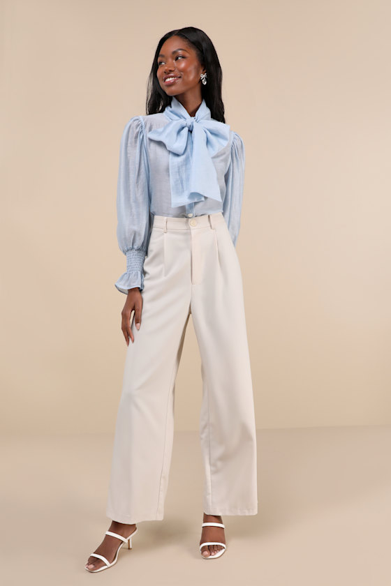 Sister Jane Wind River Light Blue Poet Sleeve Bow Collar Button-up Top In Light Blue