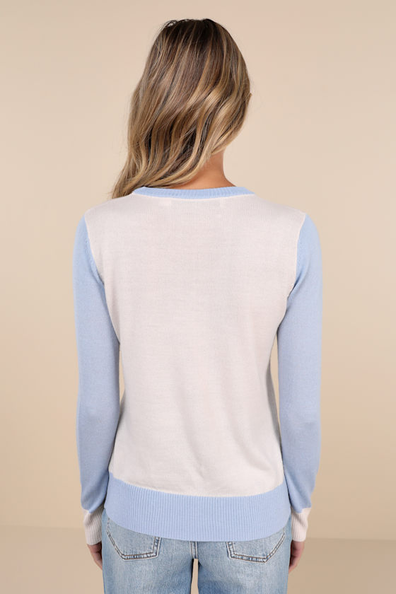 Feminist White and Blue Cross Stitch Embroidered Sweater 2