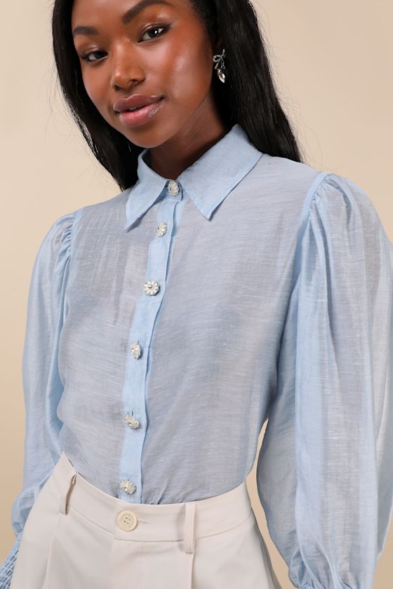 Sister Jane Wind River Light Blue Poet Sleeve Bow Collar Button-up Top In Light Blue