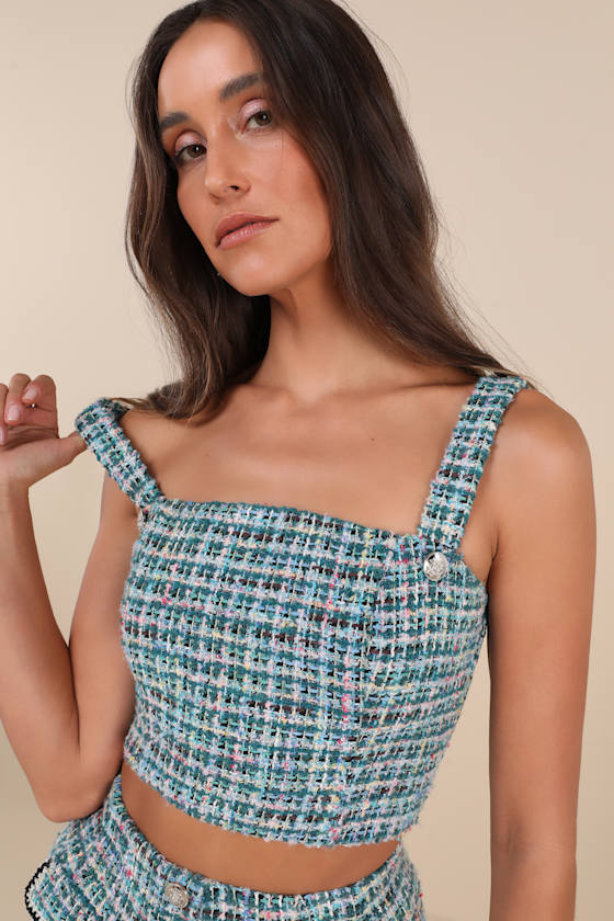 Playfully Chic Teal Green Multi Boucle Cropped Tank Top 1