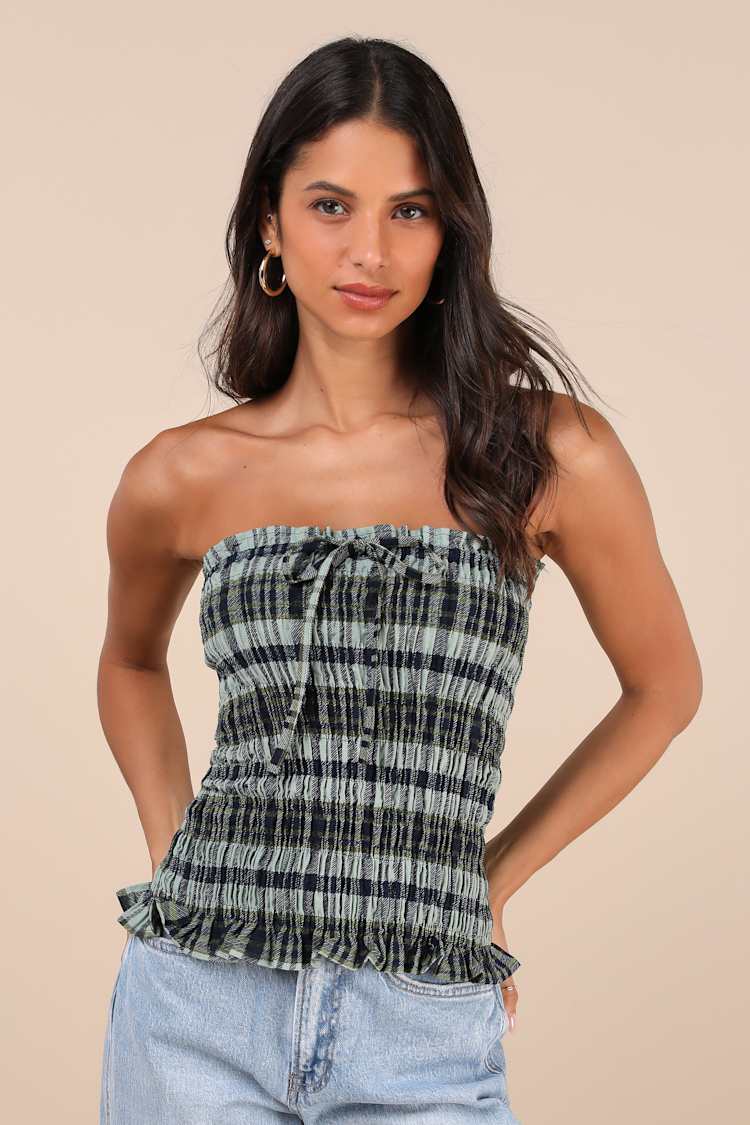 Motel Rigia - Green and Blue Plaid Top - Strapless Smocked Top - Lulus