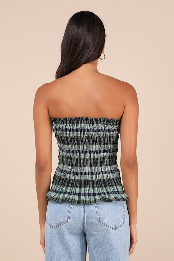 Rigia Green and Blue Plaid Cotton Smocked Strapless Top 2