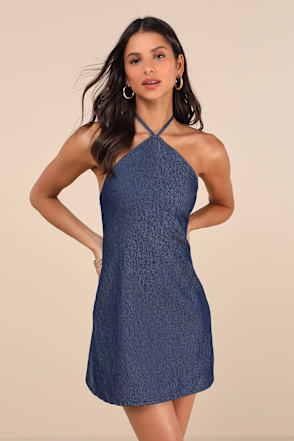 Motel Belinda - Dark Blue Chambray Dress - Halter Mini Dress - Lulus