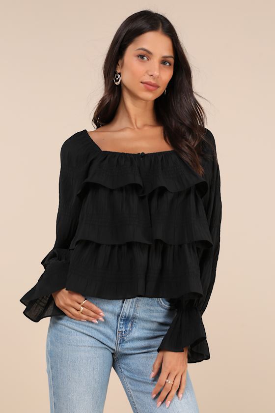 Tier Decadence Black Tiered Ruffled Long Sleeve Button-Up Top 1