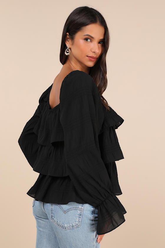 Tier Decadence Black Tiered Ruffled Long Sleeve Button-Up Top