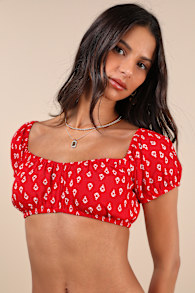 Imuna Red Anchor Print Off-the-Shoulder Crop Top 2