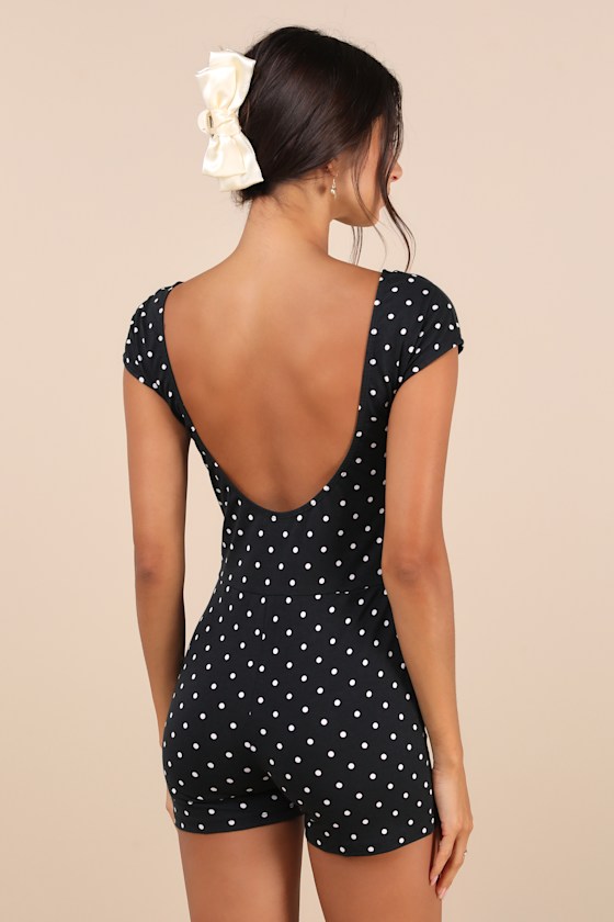 Meredith Black Polka Dot Cap Sleeve Backless Romper 3