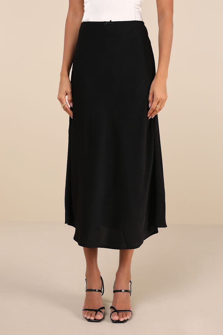 Sleek Proposition Black Satin Bow Midi Skirt