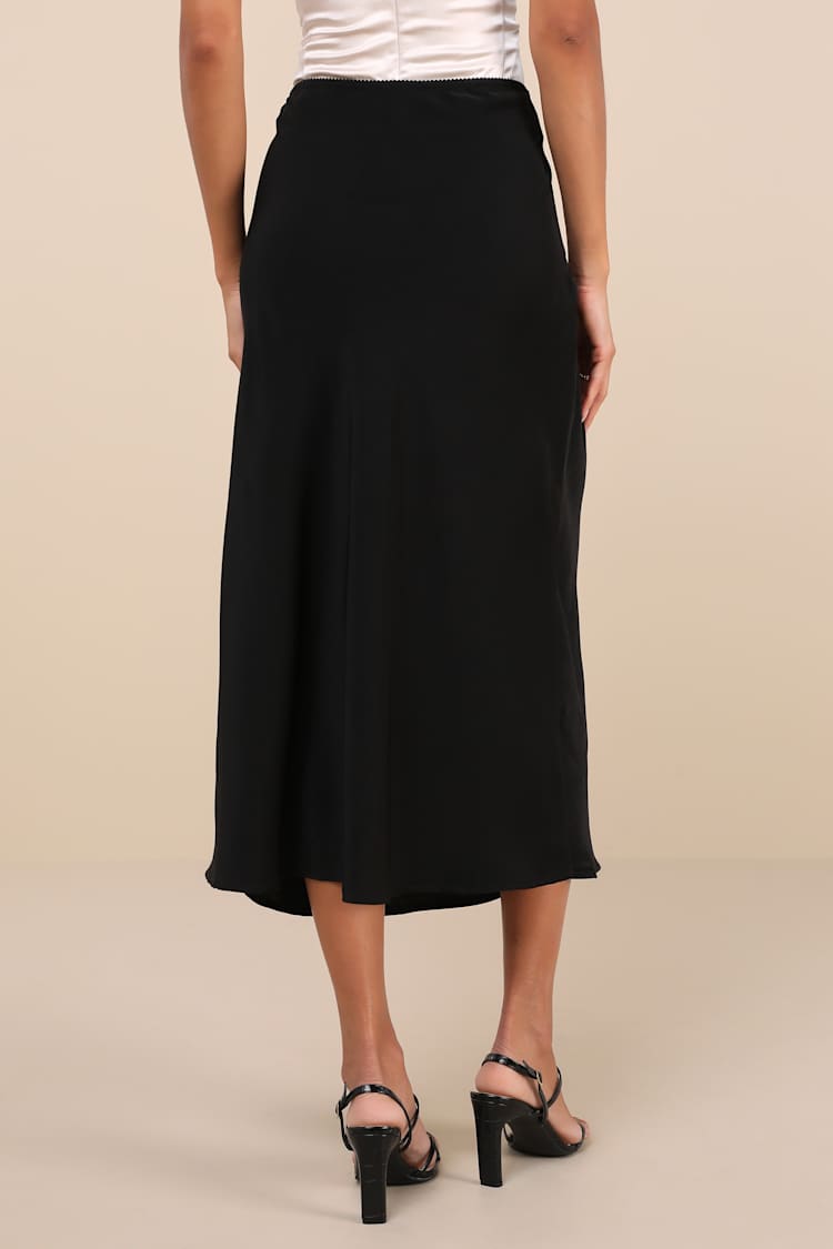 Sleek Proposition Black Satin Bow Midi Skirt