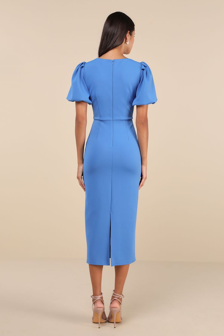 Simply Beloved Blue Puff Sleeve Bodycon Midi Dress