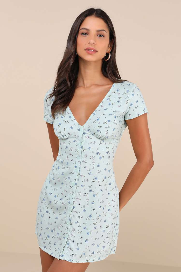 Omoni Mint Green Floral Button-Front Short Sleeve Mini Dress