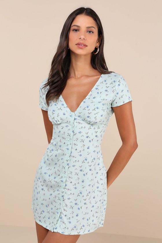 Omoni Mint Green Floral Button-Front Short Sleeve Mini Dress 3