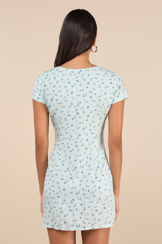 Omoni Mint Green Floral Button-Front Short Sleeve Mini Dress 1