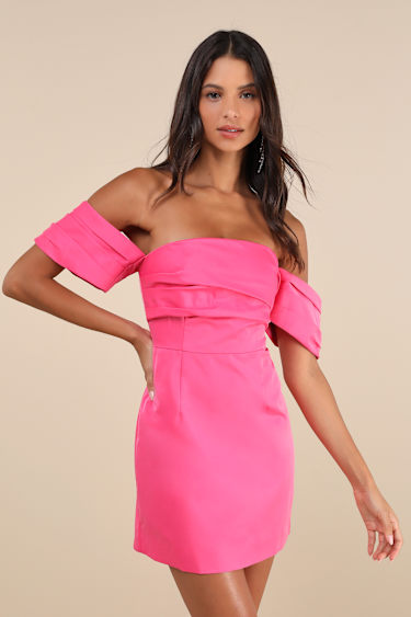 Totally Haute Hot Pink Satin Pleated Off-the-Shoulder Mini Dress