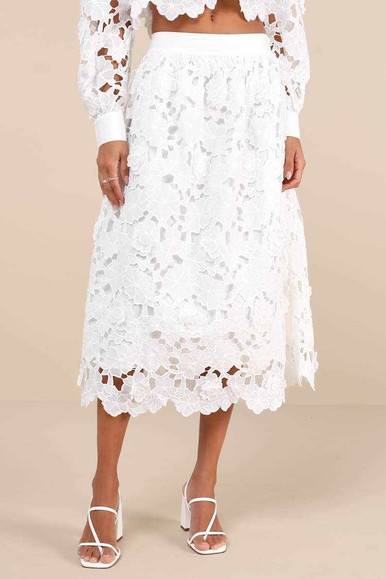 Ottis White Laser-Cut Floral High-Rise Midi Skirt