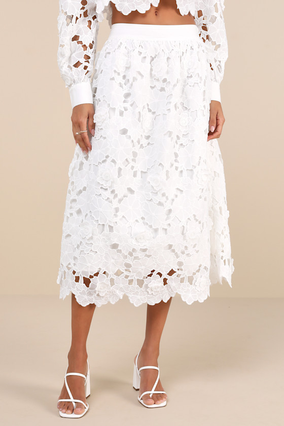 Ottis White Laser-Cut Floral High-Rise Midi Skirt