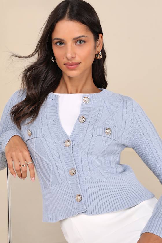 Fog Blue Knit Gold Button-Down Long Sleeve Cardigan Sweater